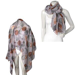 Leaf Print Scarf Wrap Semi Sheer Cover Up Grey Brown